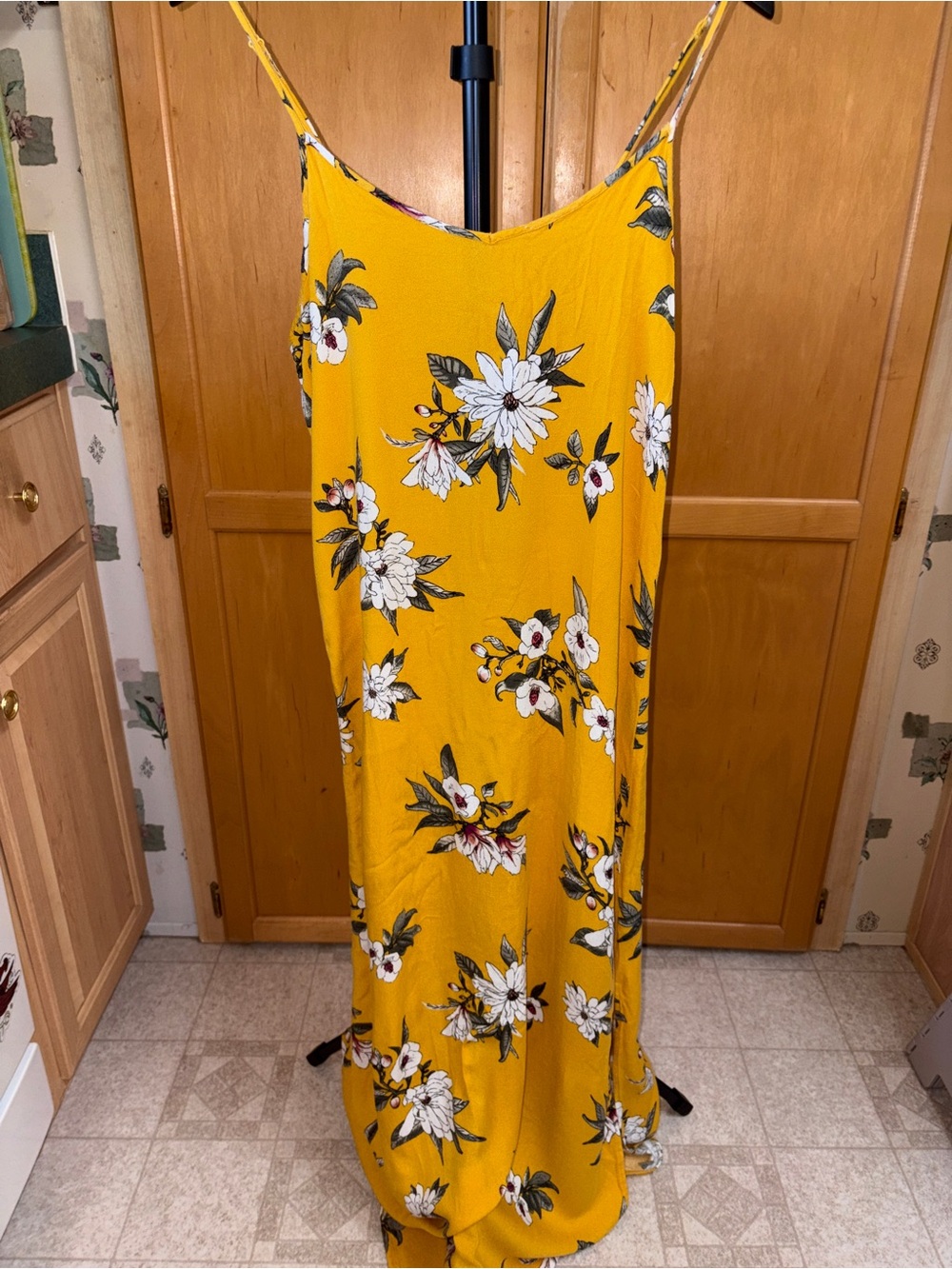 Pink Rose Yellow Floral Maxi  Spaghetti Strap Dress Slit Ankle Length Medium